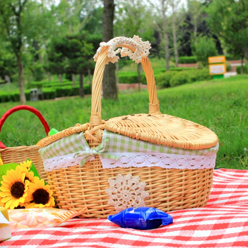 Basket Bag Wicker - 손잡이가 있는 위커 바구니, 이중 뚜껑,