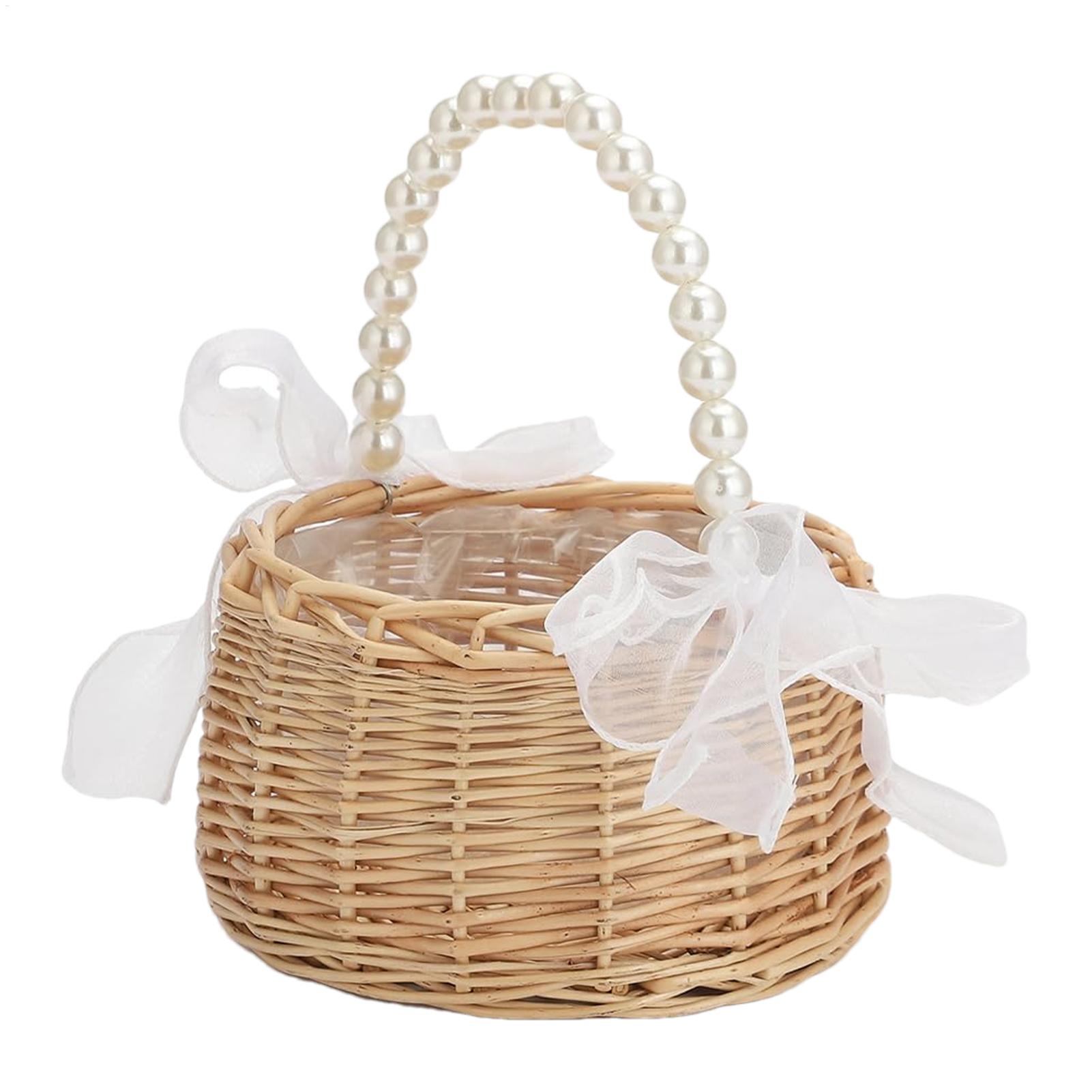 Basket Bag Wicker - 진주 손잡이와 리본이 달린 한 개의